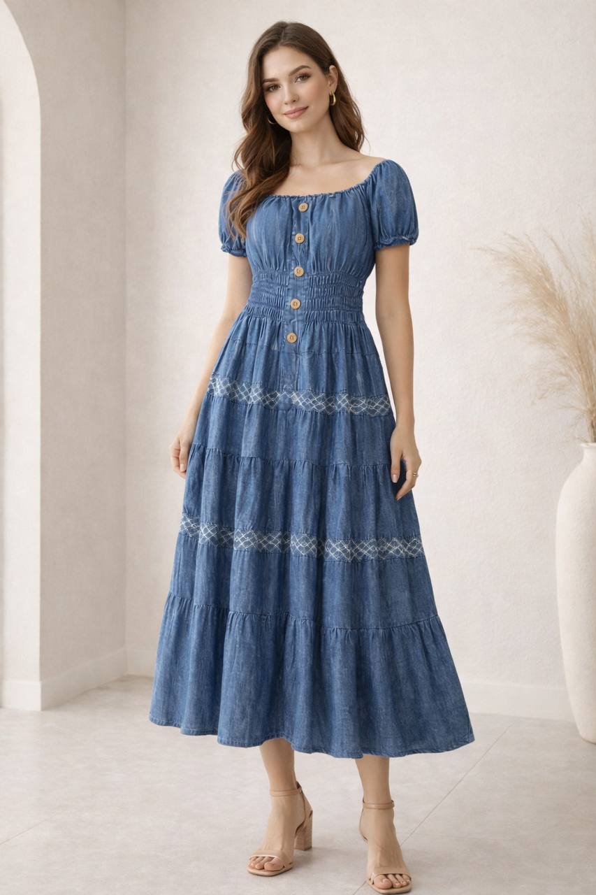 VESTIDO TELA JEAN 2307 VUELOS COD 6425 foto 1